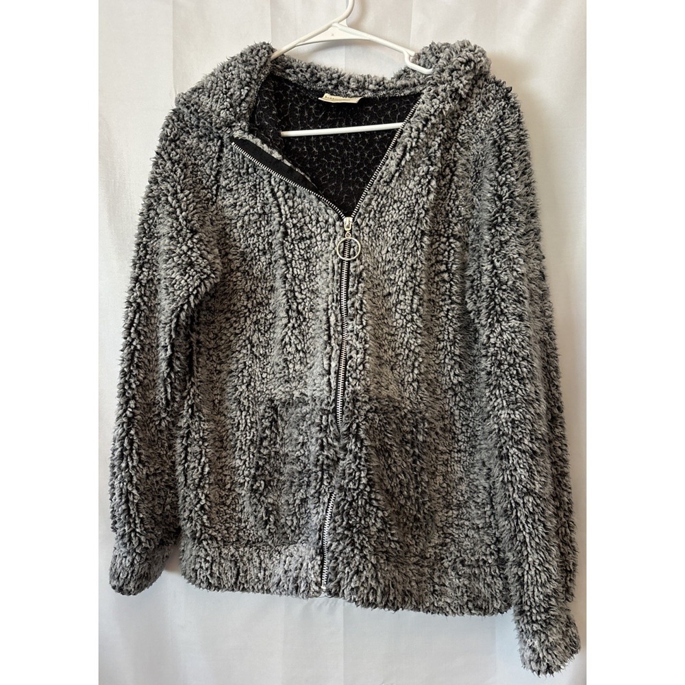 Bobbie Brooks Women's Sherpa Hooded Jacket Gray Marbled Fuzzy Full Zip M